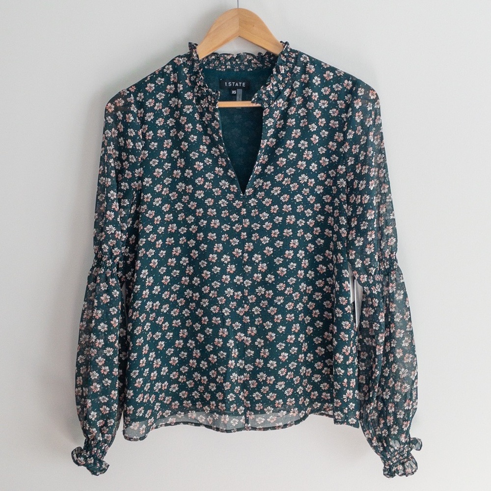1.State Green Floral Print Shirred Balloon Sleeves Peasant Top, NWT, Size XS